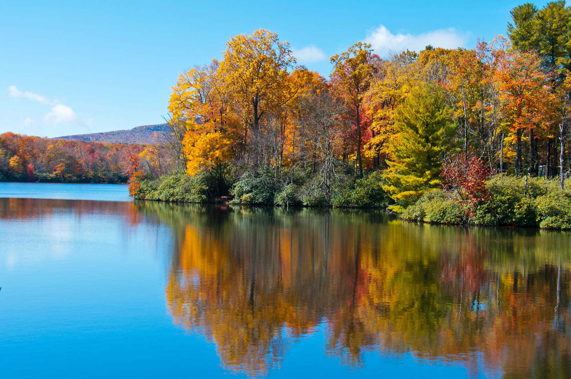 Fall foliage over a lake in North Carolina with mountains in background