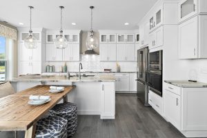 Gourmet Kitchen with White Cabinets, Glass Double Stacked Cabinets, Granite Counters, and Stainless Steel Appliances