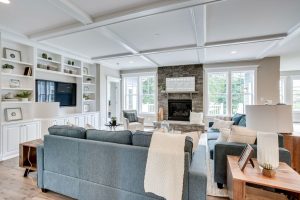 Spacious and bright living room with coffered ceilings in Northern Virginia luxury home