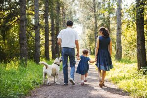 Happy,Family,With,Dog,Walking,In,The,Park