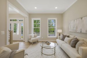 Modern living room in the Foxmoor floor plan home