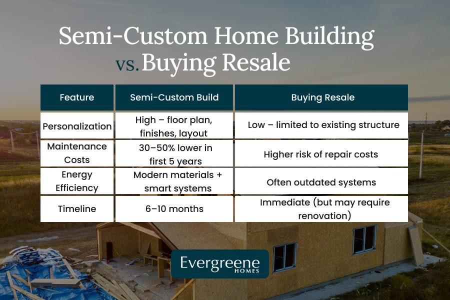 Table comparing semi-custom home building vs buying resale